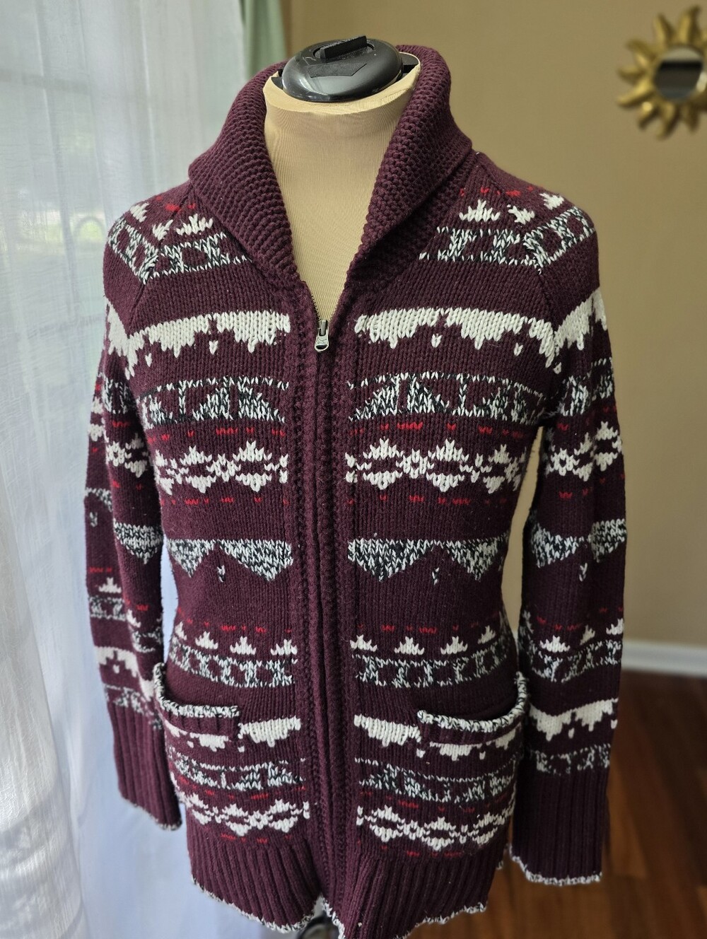 Eddie Bauer Wool Blend Fair Isle Cardigan L Burgundy Nordic Scandi Full Zip - Picture 4 of 13